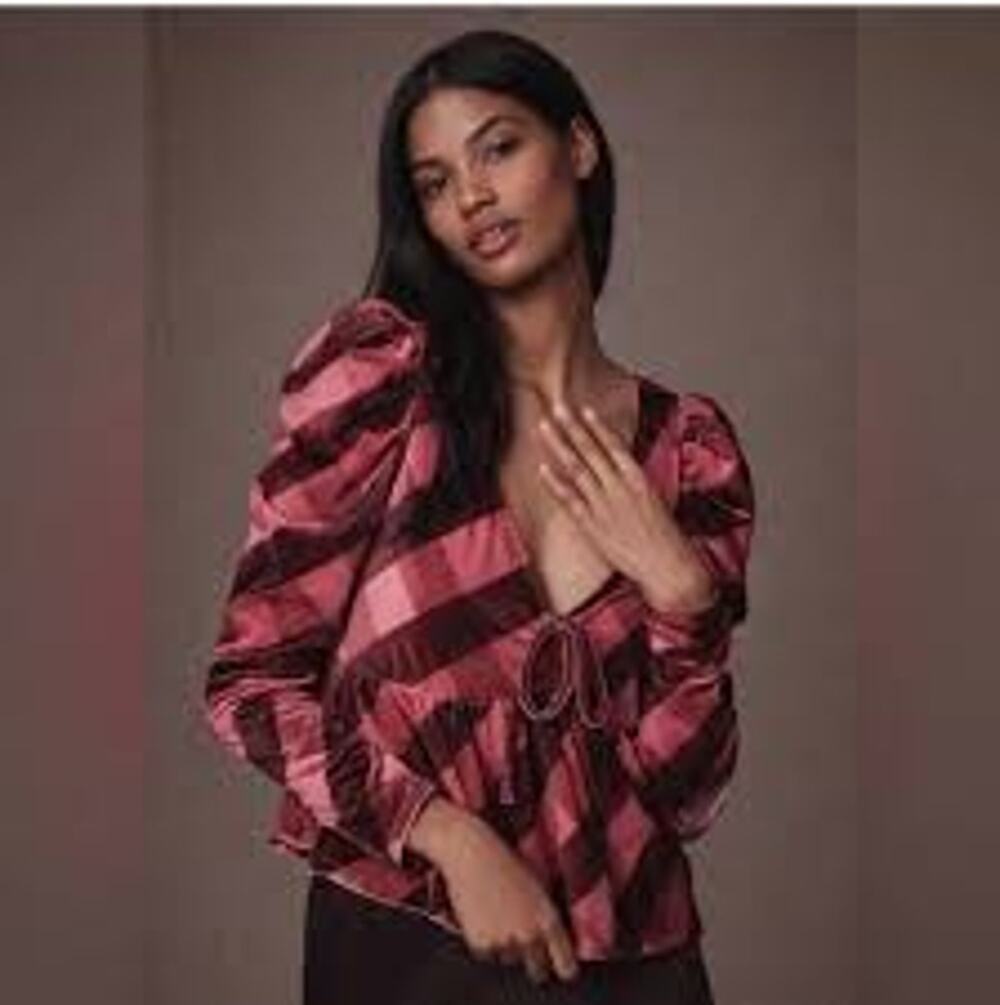 Maeve Anthropologie Pink Plaid Velvet Babydoll Top XL NWT (B110368)